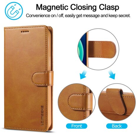 LC.IMEEKE Wallet Case Portemonnee Hoesje voor iPhone 15 Plus- Chic Cognac Bruin