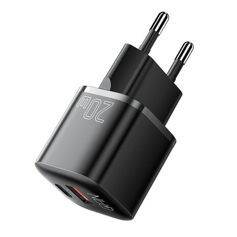 ESSAGER 20W Snellader GaN - Dual Port USB-A &amp; USB-C, EU Plug, Zwart