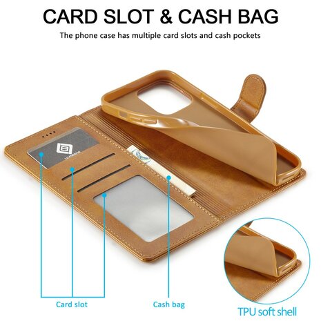 LC.IMEEKE Wallet Case Portemonnee Hoesje voor iPhone 15 Pro Max - Cognac