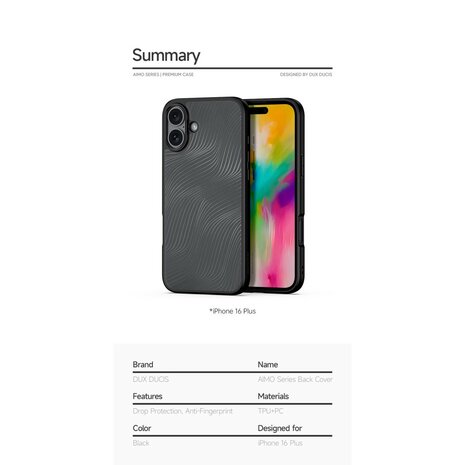 DUX DUCIS Aimo Series Hoesje Voor iPhone 16 - Mat Zwart